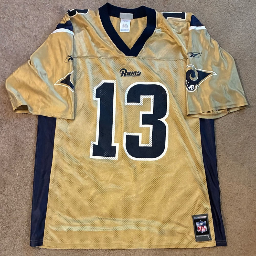 Reebok #13 Kurt Warner St Louis Rams Reebok Jersey Large Gold With Navy Men’s L